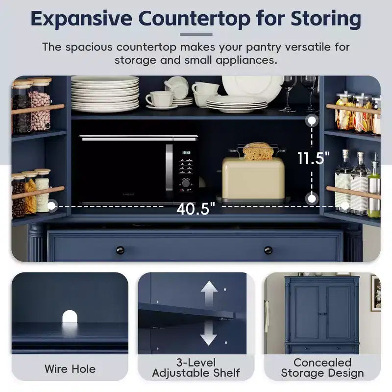 Whisen Large Kitchen Pantry, Tall Storage Cabinet Cupboard, Buffets with 6 Door Shelves, 2 Adjustable Shelves and 5 Drawers