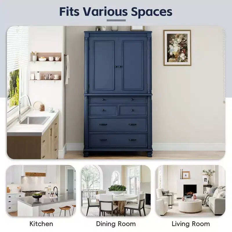 Whisen Large Kitchen Pantry, Tall Storage Cabinet Cupboard, Buffets with 6 Door Shelves, 2 Adjustable Shelves and 5 Drawers