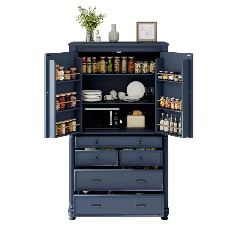 Whisen Large Kitchen Pantry, Tall Storage Cabinet Cupboard, Buffets with 6 Door Shelves, 2 Adjustable Shelves and 5 Drawers