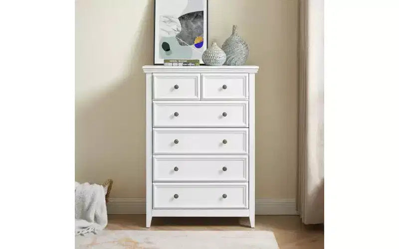 JVNOXK Farmhouse-Style Modern Six-Drawer Cabinet, Wardrobe Organizer, Living Room Clothing Storage Cabinet with Metal Drawer Slides, White