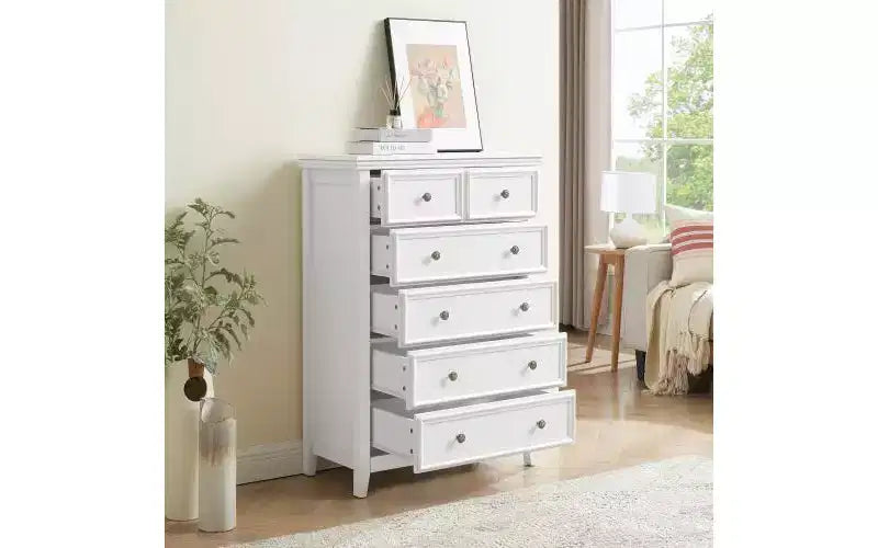 JVNOXK Farmhouse-Style Modern Six-Drawer Cabinet, Wardrobe Organizer, Living Room Clothing Storage Cabinet with Metal Drawer Slides, White