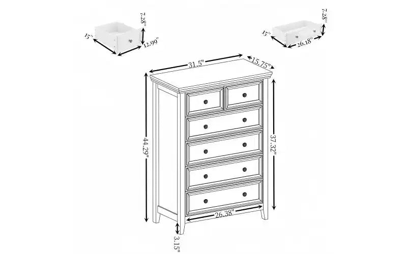 JVNOXK Farmhouse-Style Modern Six-Drawer Cabinet, Wardrobe Organizer, Living Room Clothing Storage Cabinet with Metal Drawer Slides, White