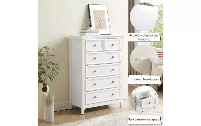 JVNOXK Farmhouse-Style Modern Six-Drawer Cabinet, Wardrobe Organizer, Living Room Clothing Storage Cabinet with Metal Drawer Slides, White