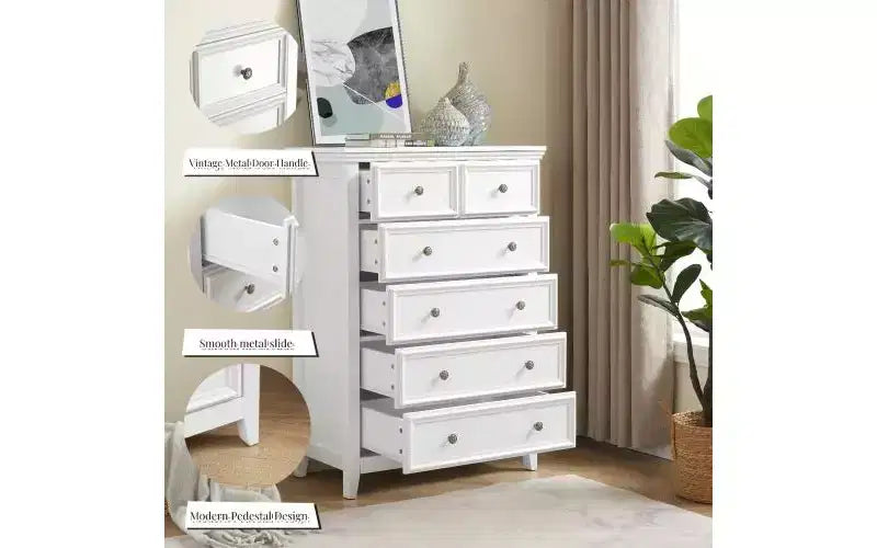 JVNOXK Farmhouse-Style Modern Six-Drawer Cabinet, Wardrobe Organizer, Living Room Clothing Storage Cabinet with Metal Drawer Slides, White