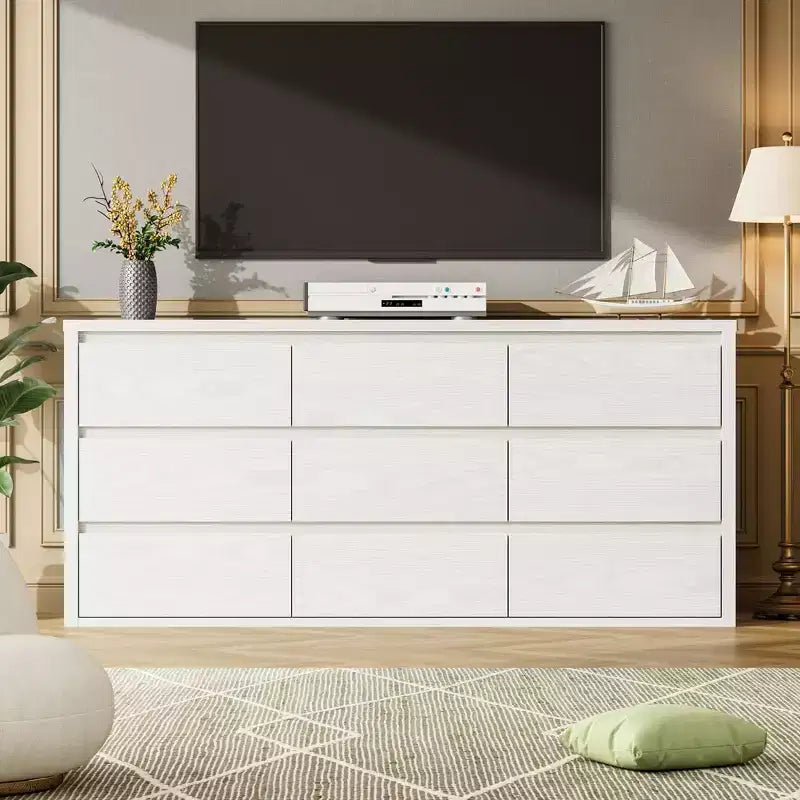9 Drawer Dresser for Bedroom, Wide Modern Chest of Drawers, Large Wood Dresser Wooden Storage Organizer Handle Free for Living Room, Hallway Entryway
