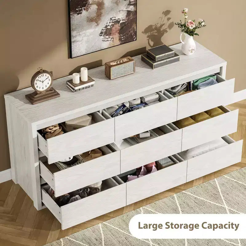 9 Drawer Dresser for Bedroom, Wide Modern Chest of Drawers, Large Wood Dresser Wooden Storage Organizer Handle Free for Living Room, Hallway Entryway