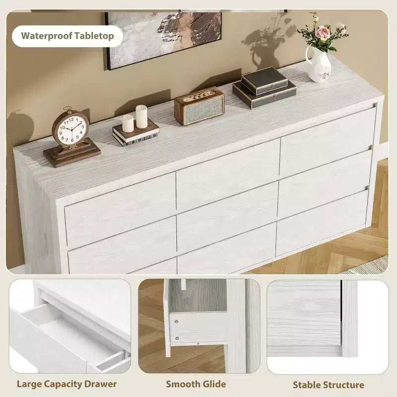 9 Drawer Dresser for Bedroom, Wide Modern Chest of Drawers, Large Wood Dresser Wooden Storage Organizer Handle Free for Living Room, Hallway Entryway