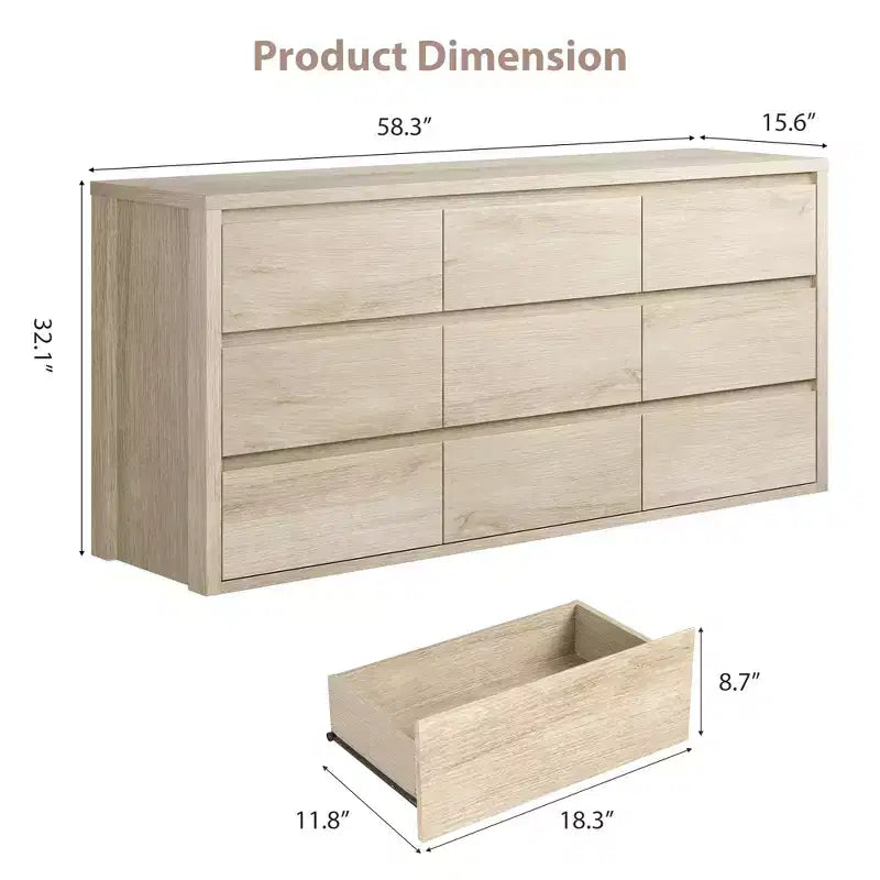 9 Drawer Dresser for Bedroom, Wide Modern Chest of Drawers, Large Wood Dresser Wooden Storage Organizer Handle Free for Living Room, Hallway Entryway