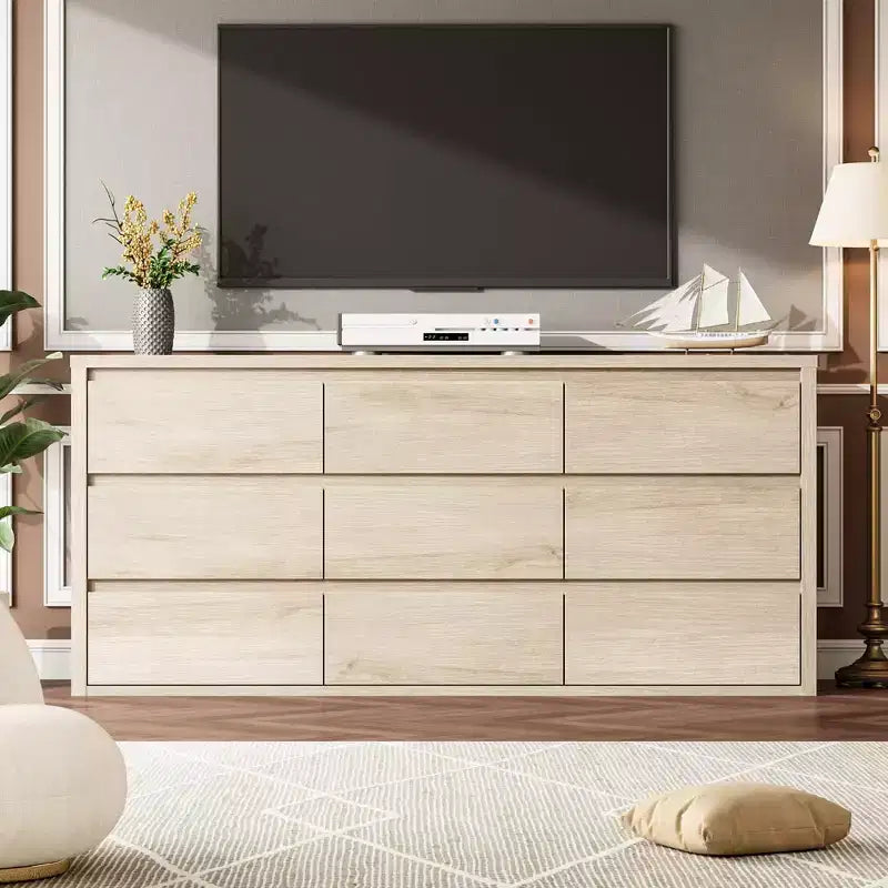 9 Drawer Dresser for Bedroom, Wide Modern Chest of Drawers, Large Wood Dresser Wooden Storage Organizer Handle Free for Living Room, Hallway Entryway
