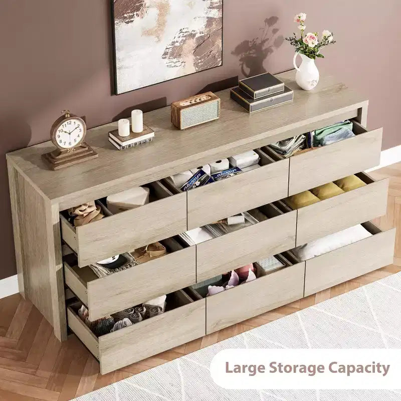 9 Drawer Dresser for Bedroom, Wide Modern Chest of Drawers, Large Wood Dresser Wooden Storage Organizer Handle Free for Living Room, Hallway Entryway