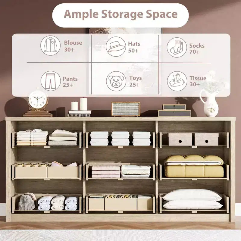 9 Drawer Dresser for Bedroom, Wide Modern Chest of Drawers, Large Wood Dresser Wooden Storage Organizer Handle Free for Living Room, Hallway Entryway