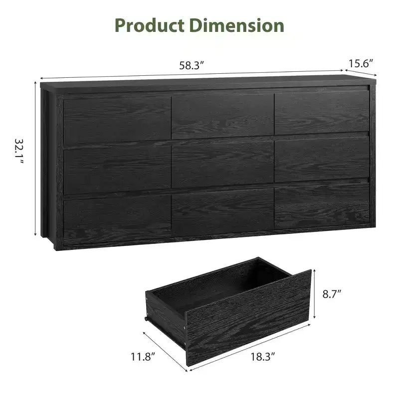 9 Drawer Dresser for Bedroom, Wide Modern Chest of Drawers, Large Wood Dresser Wooden Storage Organizer Handle Free for Living Room, Hallway Entryway