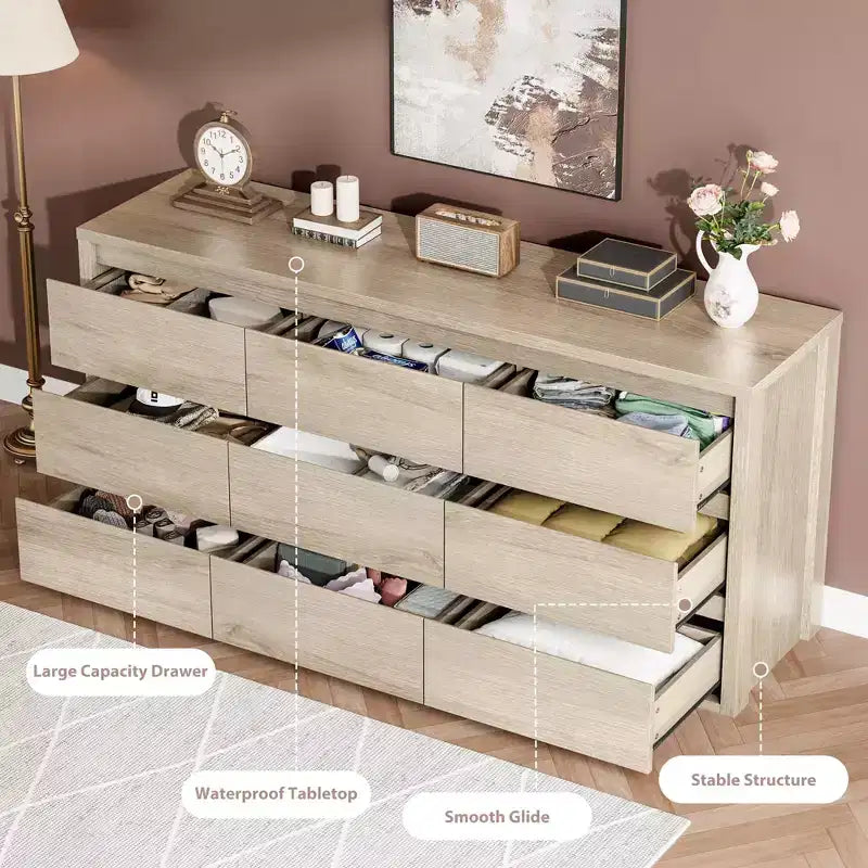 9 Drawer Dresser for Bedroom, Wide Modern Chest of Drawers, Large Wood Dresser Wooden Storage Organizer Handle Free for Living Room, Hallway Entryway