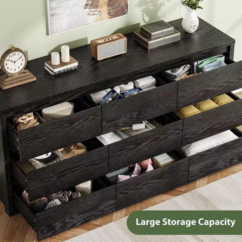 9 Drawer Dresser for Bedroom, Wide Modern Chest of Drawers, Large Wood Dresser Wooden Storage Organizer Handle Free for Living Room, Hallway Entryway