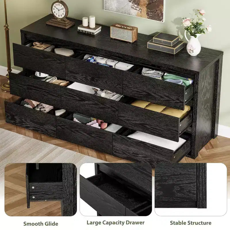 9 Drawer Dresser for Bedroom, Wide Modern Chest of Drawers, Large Wood Dresser Wooden Storage Organizer Handle Free for Living Room, Hallway Entryway