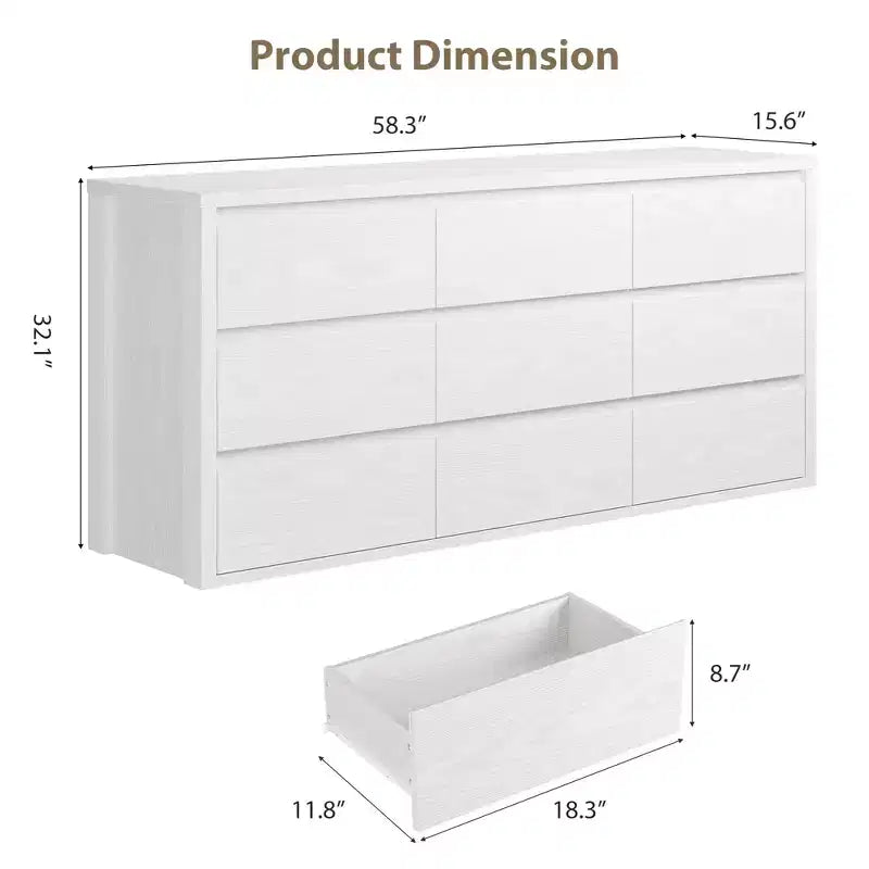 9 Drawer Dresser for Bedroom, Wide Modern Chest of Drawers, Large Wood Dresser Wooden Storage Organizer Handle Free for Living Room, Hallway Entryway