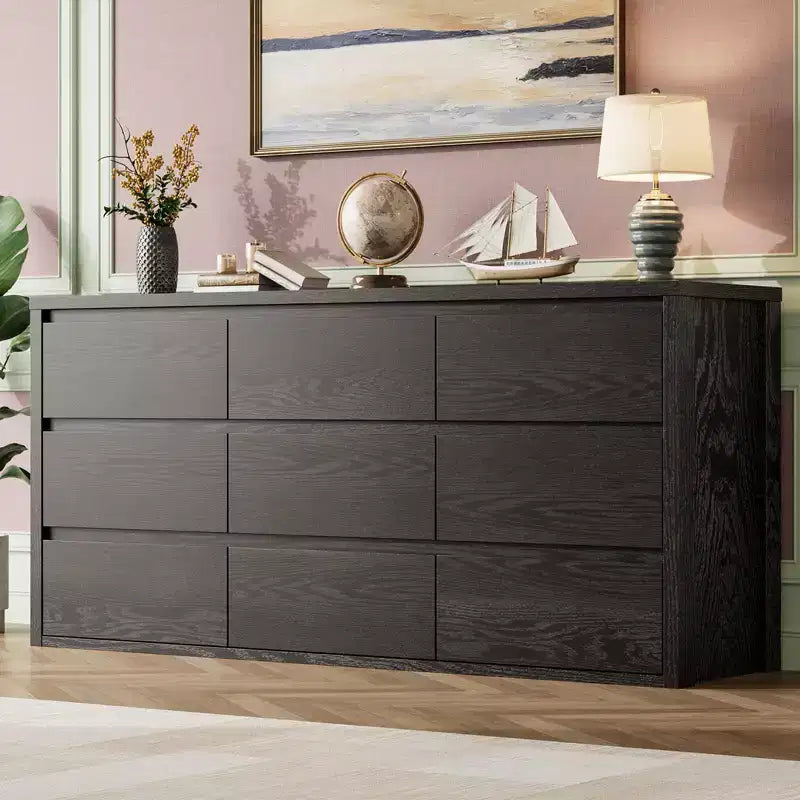 9 Drawer Dresser for Bedroom, Wide Modern Chest of Drawers, Large Wood Dresser Wooden Storage Organizer Handle Free for Living Room, Hallway Entryway