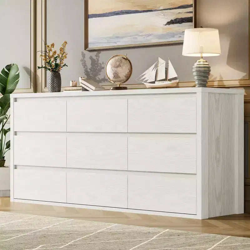 9 Drawer Dresser for Bedroom, Wide Modern Chest of Drawers, Large Wood Dresser Wooden Storage Organizer Handle Free for Living Room, Hallway Entryway