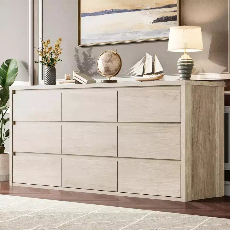 9 Drawer Dresser for Bedroom, Wide Modern Chest of Drawers, Large Wood Dresser Wooden Storage Organizer Handle Free for Living Room, Hallway Entryway