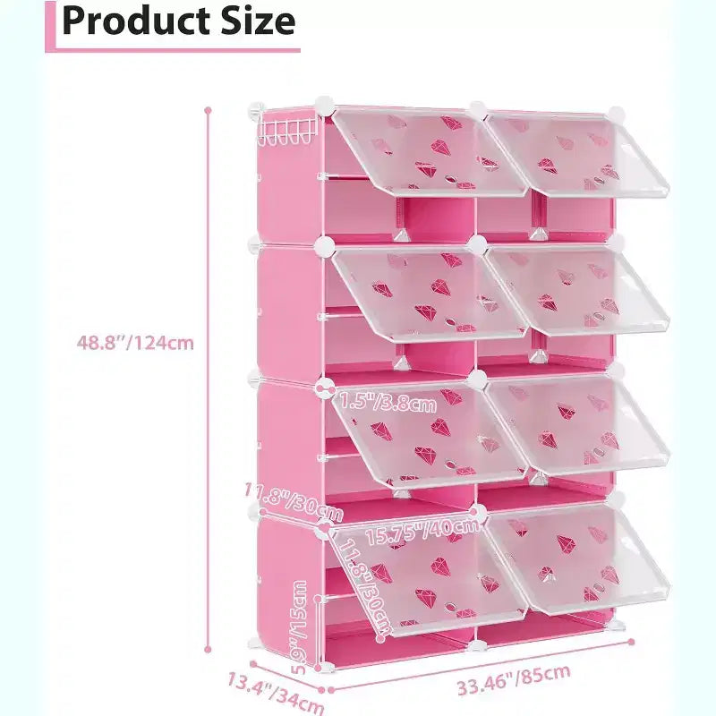 Detachable 8-Tier Shoe Rack, 32-Pair Expandable Organizer with Door for Entryway & Bedroom, Pink