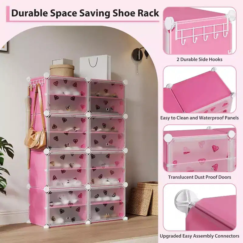 Detachable 8-Tier Shoe Rack, 32-Pair Expandable Organizer with Door for Entryway & Bedroom, Pink