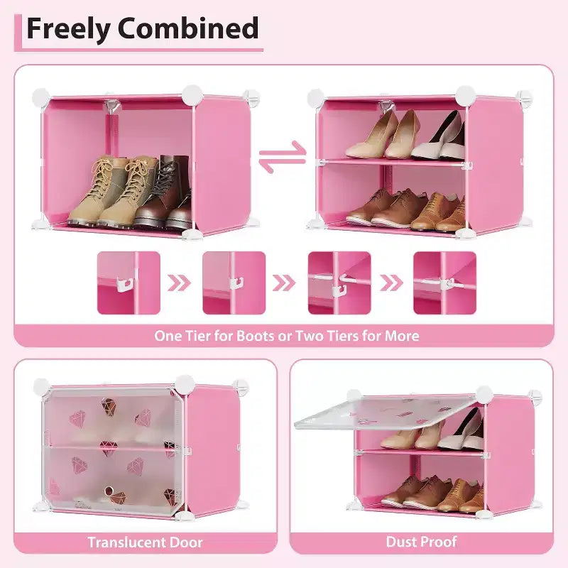 Detachable 8-Tier Shoe Rack, 32-Pair Expandable Organizer with Door for Entryway & Bedroom, Pink