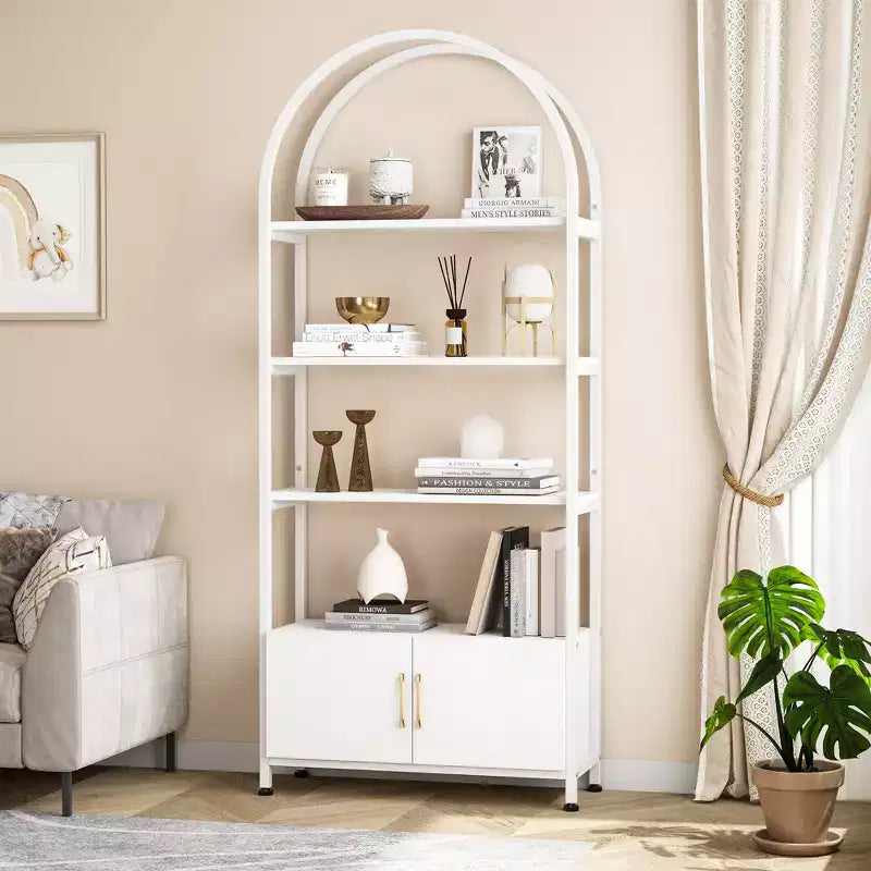 COZONY Arched Bookshelf with Doors, 71.5 Inch Tall Bookcase Storage, Industrial Metal Frame Display Shelves for Living Room