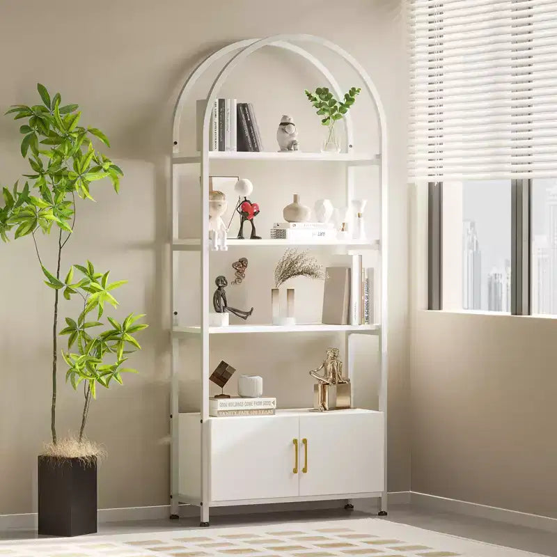 COZONY Arched Bookshelf with Doors, 71.5 Inch Tall Bookcase Storage, Industrial Metal Frame Display Shelves for Living Room