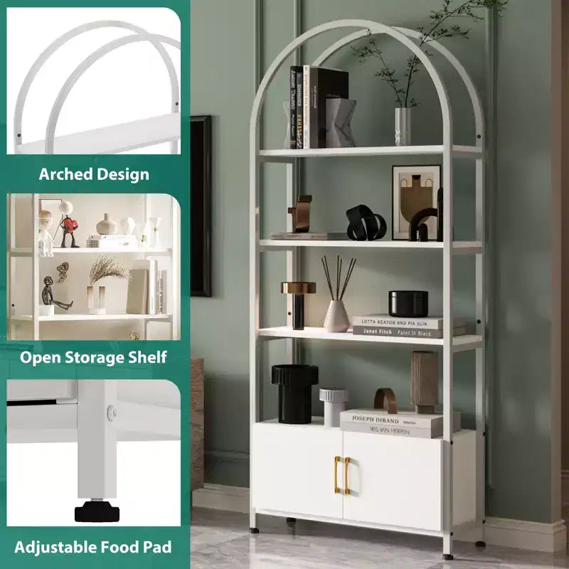 COZONY Arched Bookshelf with Doors, 71.5 Inch Tall Bookcase Storage, Industrial Metal Frame Display Shelves for Living Room