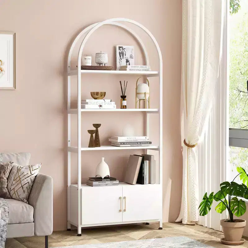 COZONY Arched Bookshelf with Doors, 71.5 Inch Tall Bookcase Storage, Industrial Metal Frame Display Shelves for Living Room