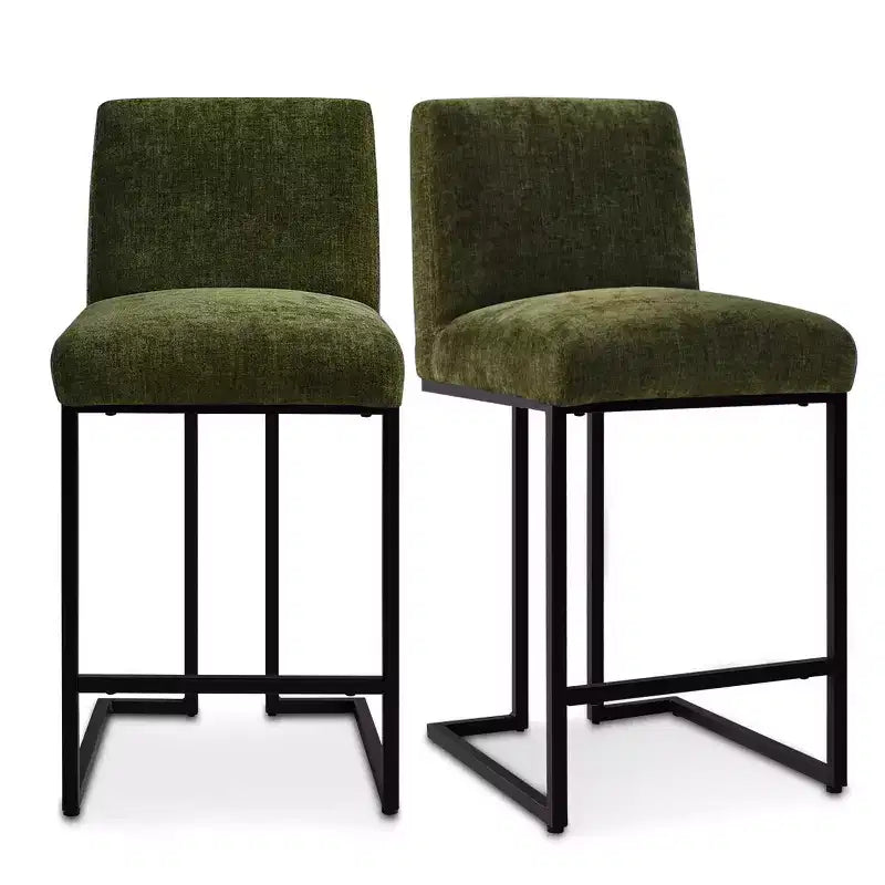 Set of 2 Modern Counter Height Bar Stools with Backs, 25 Upholstered Kitchen Island Chairs with Black Metal Sled Base - Panipeachy