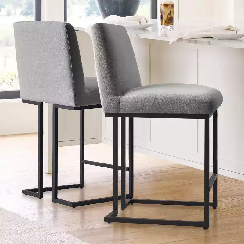 Set of 2 Modern Counter Height Bar Stools with Backs, 25 Upholstered Kitchen Island Chairs with Black Metal Sled Base - Panipeachy
