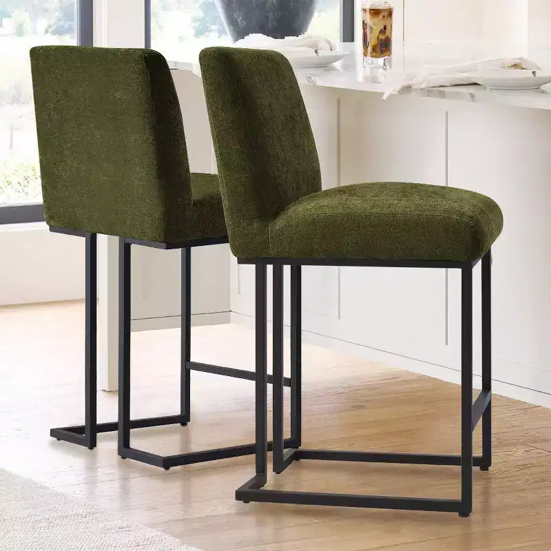 Set of 2 Modern Counter Height Bar Stools with Backs, 25 Upholstered Kitchen Island Chairs with Black Metal Sled Base - Panipeachy
