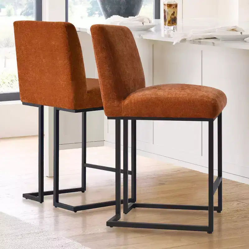 Set of 2 Modern Counter Height Bar Stools with Backs, 25 Upholstered Kitchen Island Chairs with Black Metal Sled Base - Panipeachy