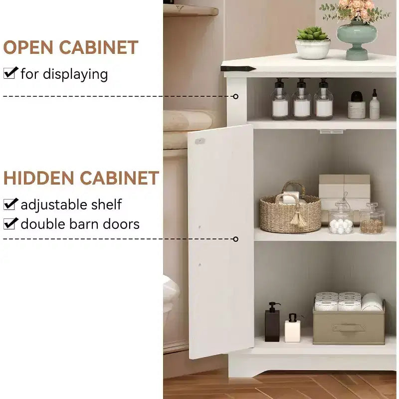 Corner Storage Cabinet, Farmhouse Small Corner Cabinet with Barn Door and Adjustable Shelf, Narrow Cabinet Organizer for Bathroom