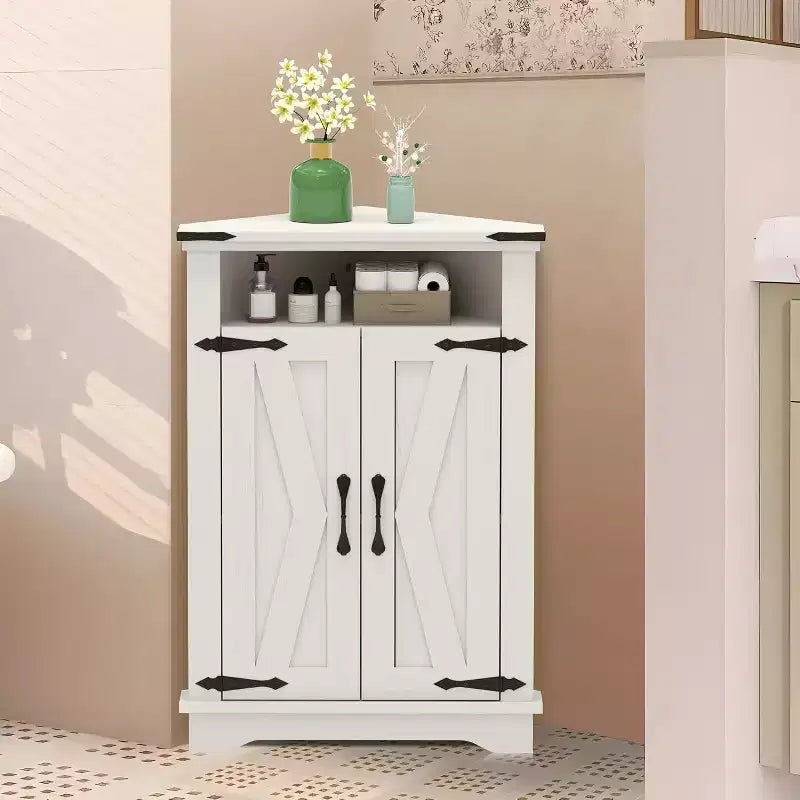 Corner Storage Cabinet, Farmhouse Small Corner Cabinet with Barn Door and Adjustable Shelf, Narrow Cabinet Organizer for Bathroom