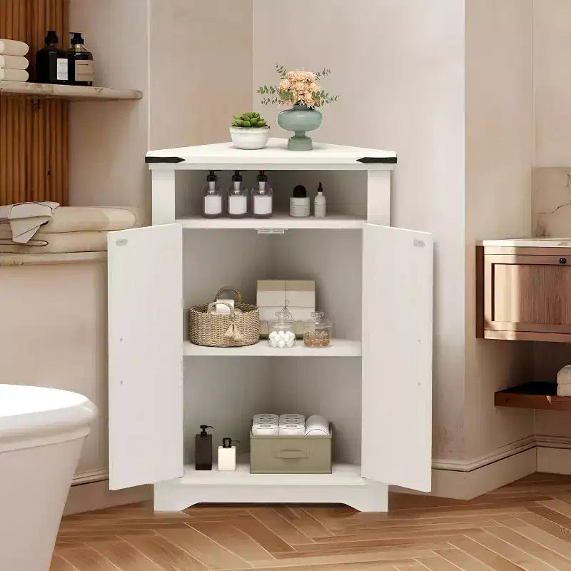 Corner Storage Cabinet, Farmhouse Small Corner Cabinet with Barn Door and Adjustable Shelf, Narrow Cabinet Organizer for Bathroom