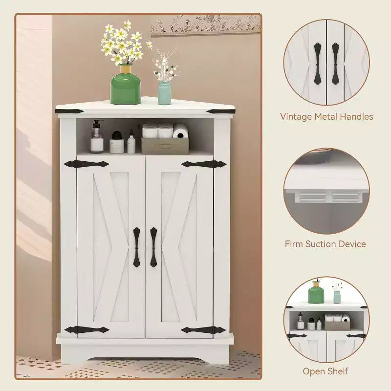 Corner Storage Cabinet, Farmhouse Small Corner Cabinet with Barn Door and Adjustable Shelf, Narrow Cabinet Organizer for Bathroom