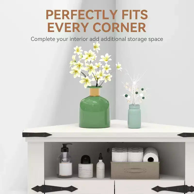 Corner Storage Cabinet, Farmhouse Small Corner Cabinet with Barn Door and Adjustable Shelf, Narrow Cabinet Organizer for Bathroom
