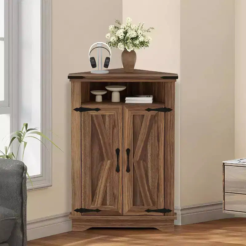 Corner Storage Cabinet, Farmhouse Small Corner Cabinet with Barn Door and Adjustable Shelf, Narrow Cabinet Organizer for Bathroom