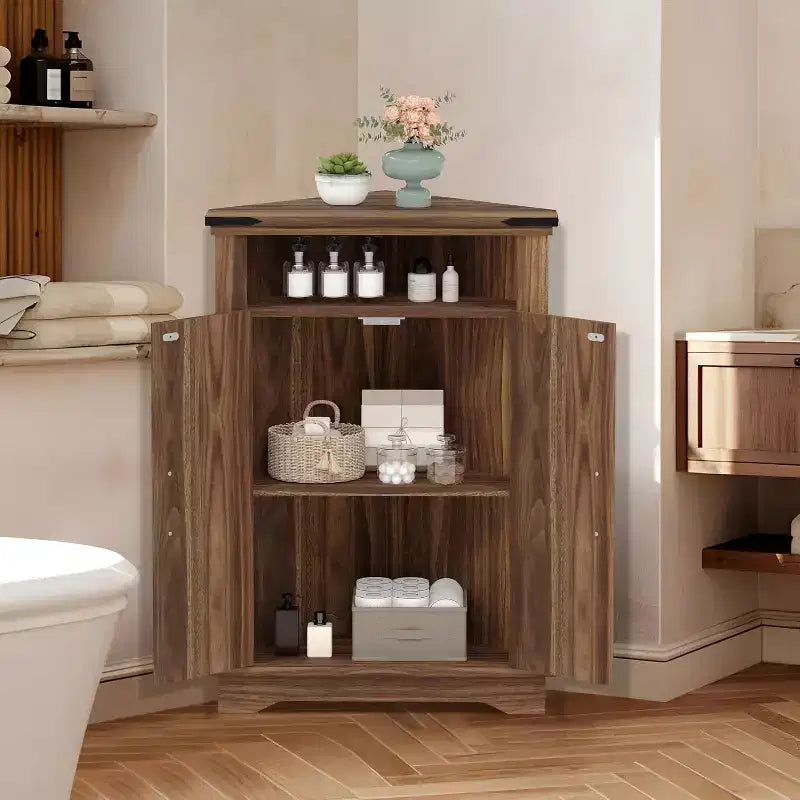Corner Storage Cabinet, Farmhouse Small Corner Cabinet with Barn Door and Adjustable Shelf, Narrow Cabinet Organizer for Bathroom