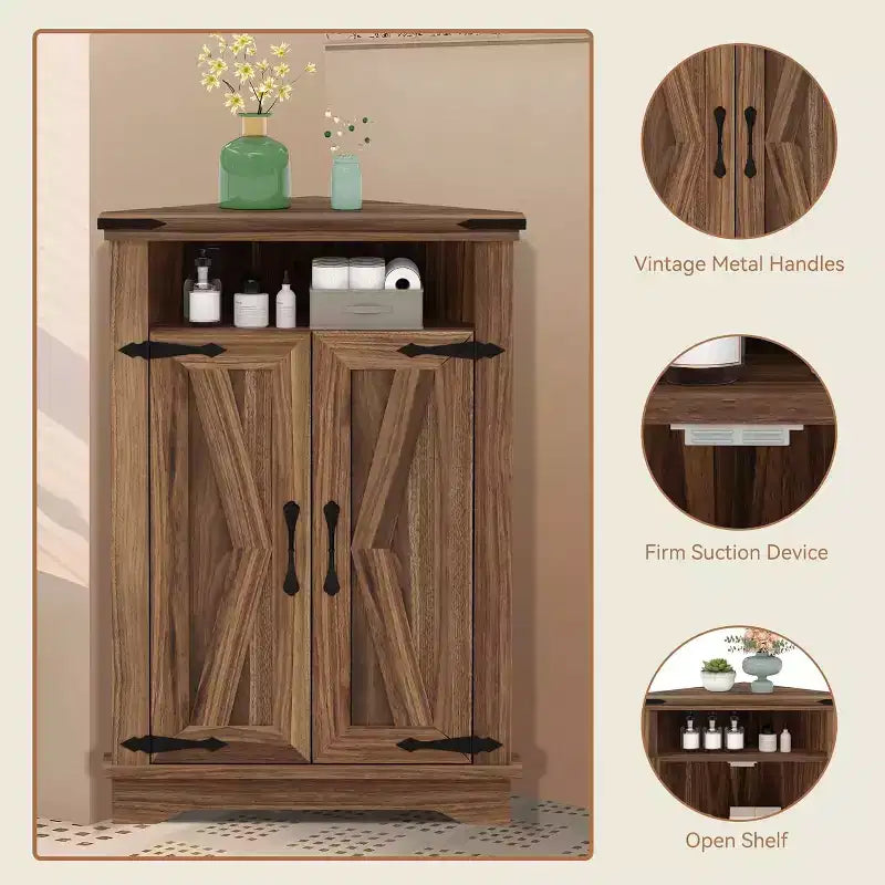 Corner Storage Cabinet, Farmhouse Small Corner Cabinet with Barn Door and Adjustable Shelf, Narrow Cabinet Organizer for Bathroom