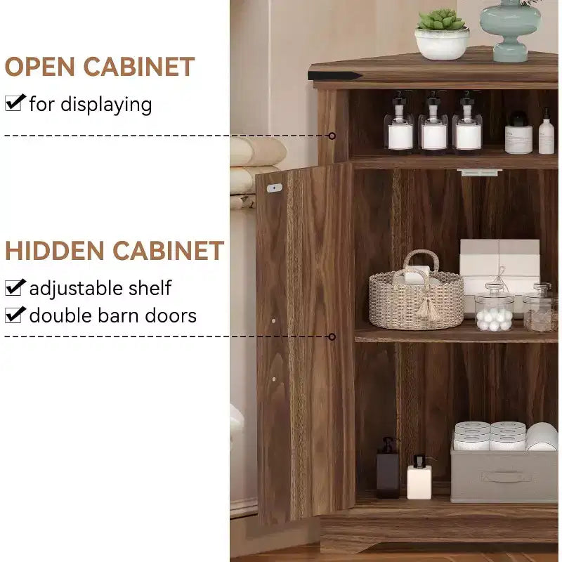Corner Storage Cabinet, Farmhouse Small Corner Cabinet with Barn Door and Adjustable Shelf, Narrow Cabinet Organizer for Bathroom