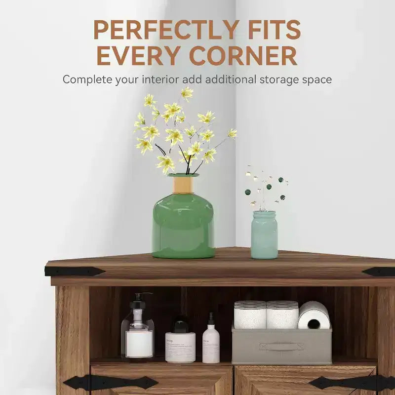 Corner Storage Cabinet, Farmhouse Small Corner Cabinet with Barn Door and Adjustable Shelf, Narrow Cabinet Organizer for Bathroom