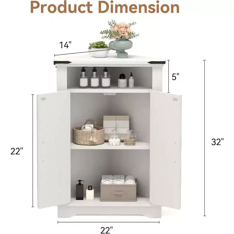 Corner Storage Cabinet, Farmhouse Small Corner Cabinet with Barn Door and Adjustable Shelf, Narrow Cabinet Organizer for Bathroom