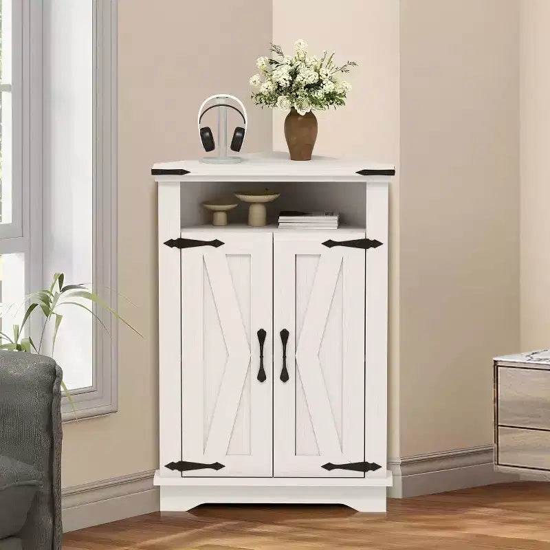Corner Storage Cabinet, Farmhouse Small Corner Cabinet with Barn Door and Adjustable Shelf, Narrow Cabinet Organizer for Bathroom