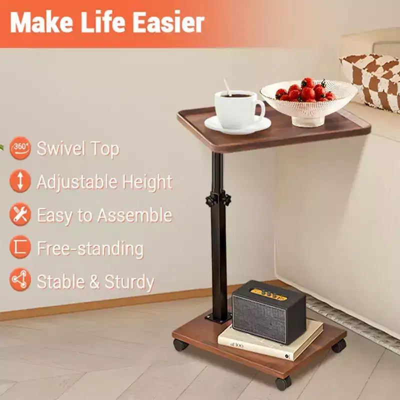 C Shape End Table Adjustable Height, 360Swivel TV Tray Table for Small Spaces, Couch That Slide Under with Wheels for Living Room Bedroom