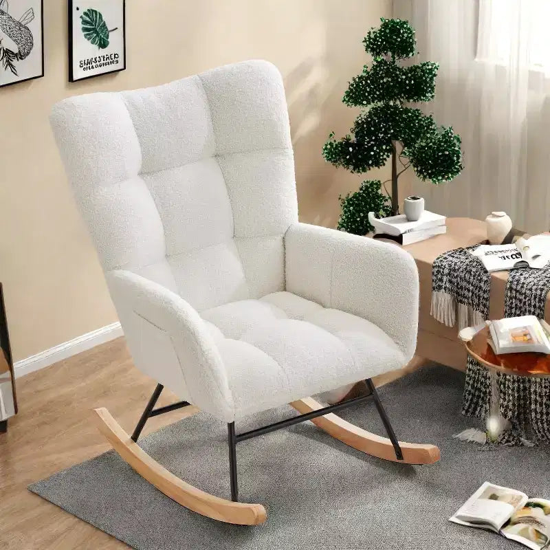 Nursing Glider Rocking Chair Teddy Upholstered High-Back Recliner with Side Pockets, Modern Accent Chair for Nursery, Bedroom & Living Room