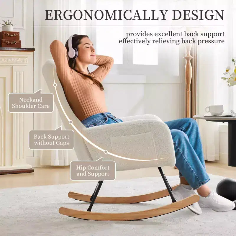 Nursing Glider Rocking Chair Teddy Upholstered High-Back Recliner with Side Pockets, Modern Accent Chair for Nursery, Bedroom & Living Room