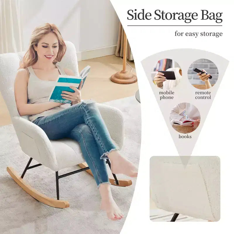 Nursing Glider Rocking Chair Teddy Upholstered High-Back Recliner with Side Pockets, Modern Accent Chair for Nursery, Bedroom & Living Room